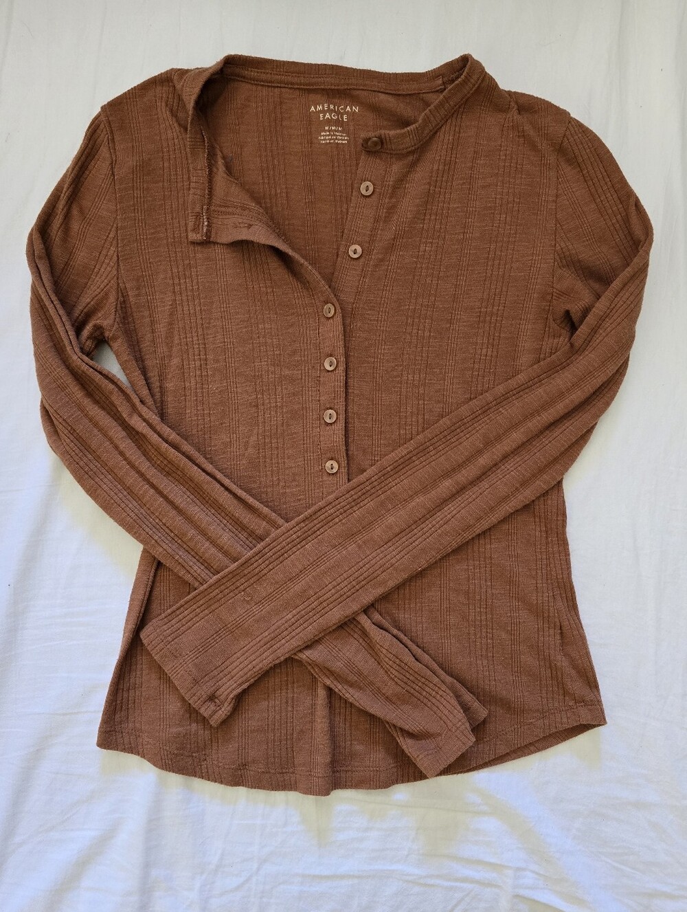 American Eagle Outfitters Rust Brown Ribbed Long Sleeve Button-Front Top